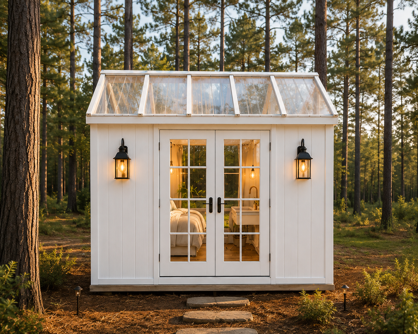 White greenhouse Princess Cabin with glass roof and French doors among tall pines