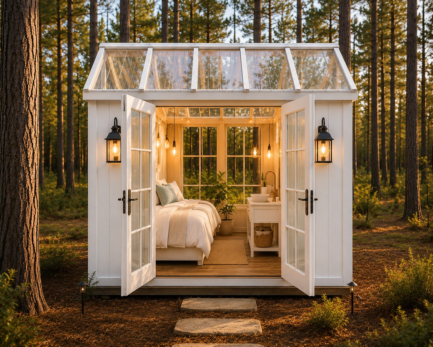 Greenhouse Princess Cabin glowing at dusk with French doors open in an East Texas pine forest