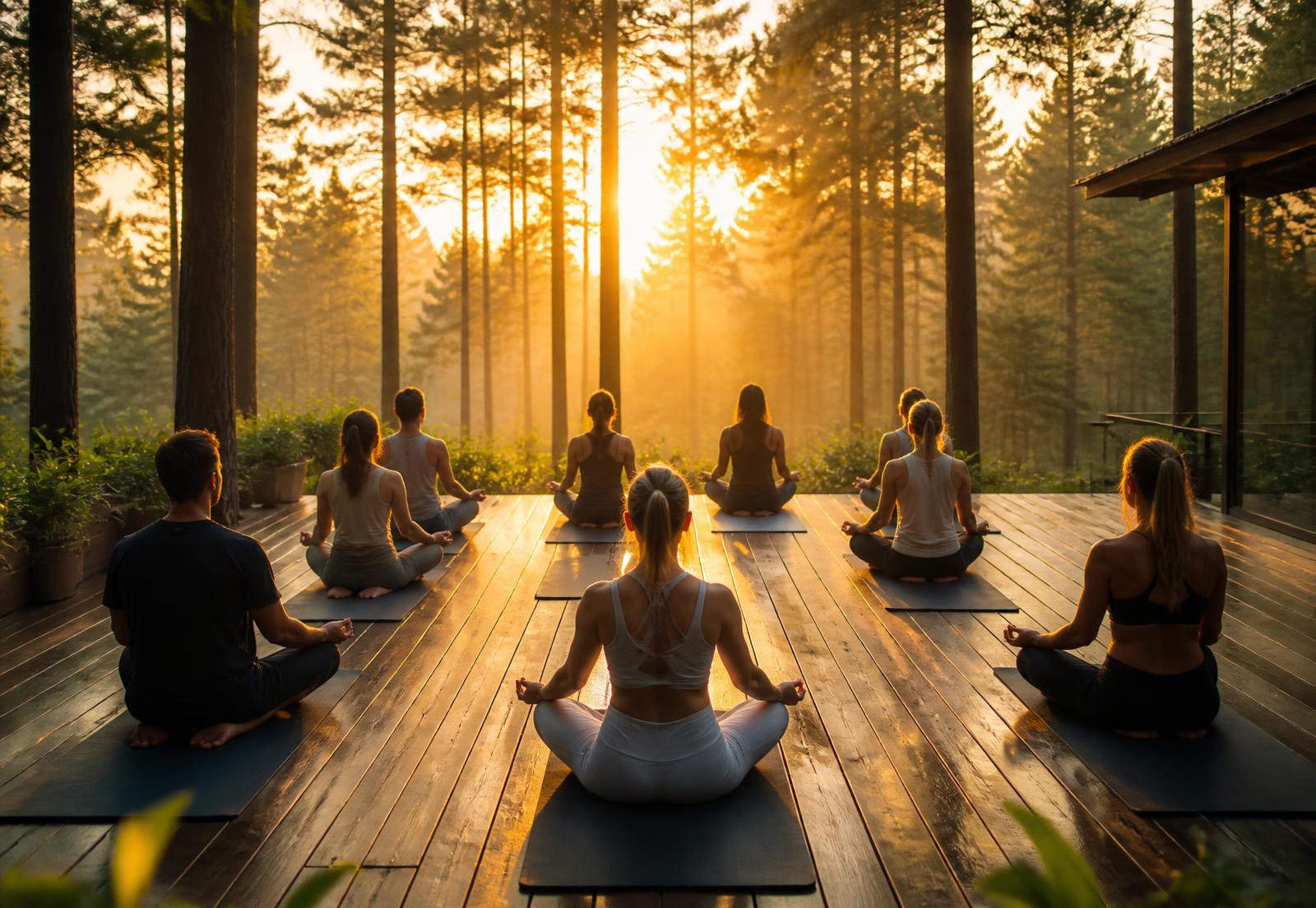 Sunrise yoga on the wellness deck among East Texas pines