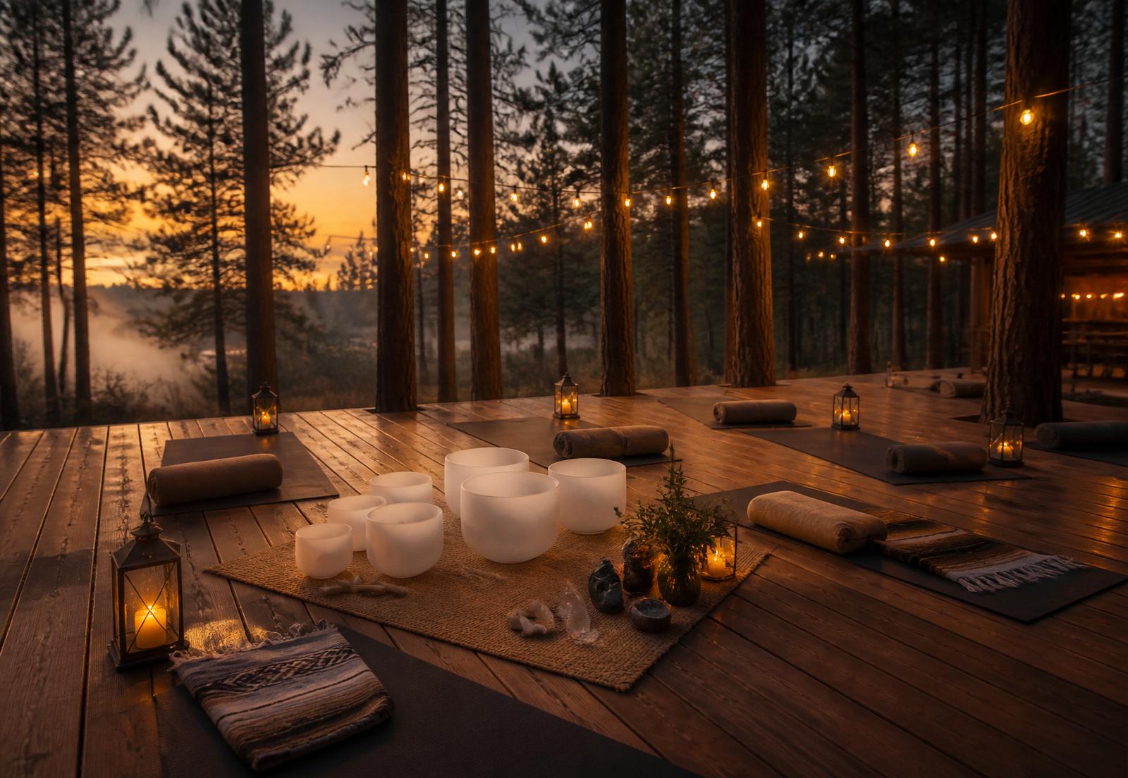 Crystal singing bowls and yoga mats on the open-air wellness deck at dusk